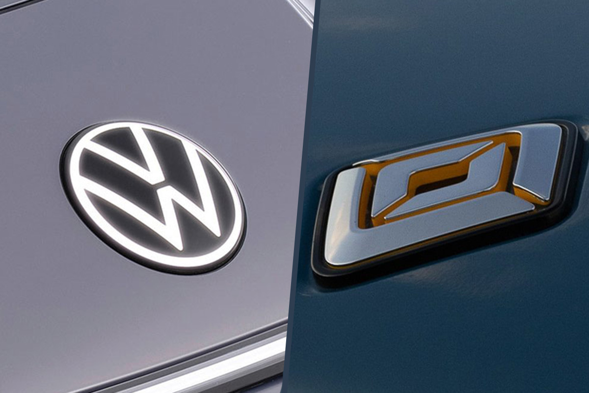 Vw rivian logos 2er collage