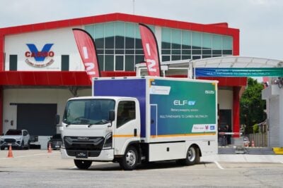 Isuzu elf ev at battery swapping station in thailand cropped