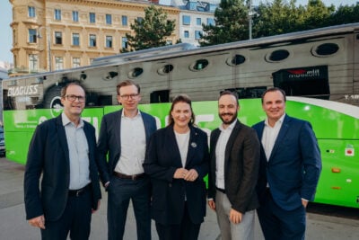 Elektrischer Yutong-Fernbus von FlixBus auf der Strecke Wien–Bratislava