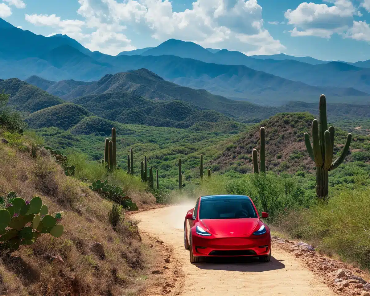 Une Tesla Model Y rouge sur une piste au Mexique