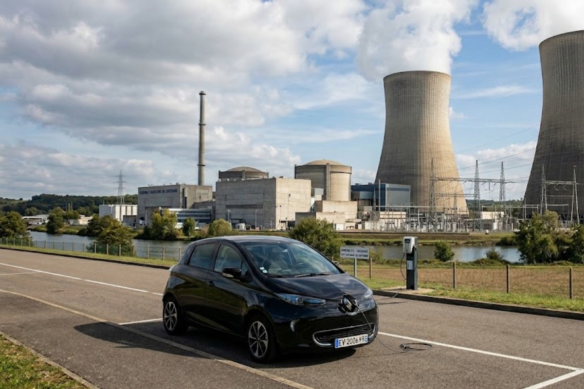Renault Zoé en recharge devant une centrale nucléaire en France