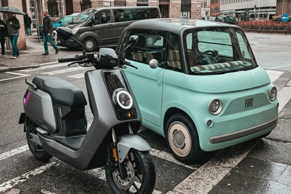 Scooter électrique NIU et voiture sans permis électrique Fiat Topolino stationnés côte à côte en ville en 2026