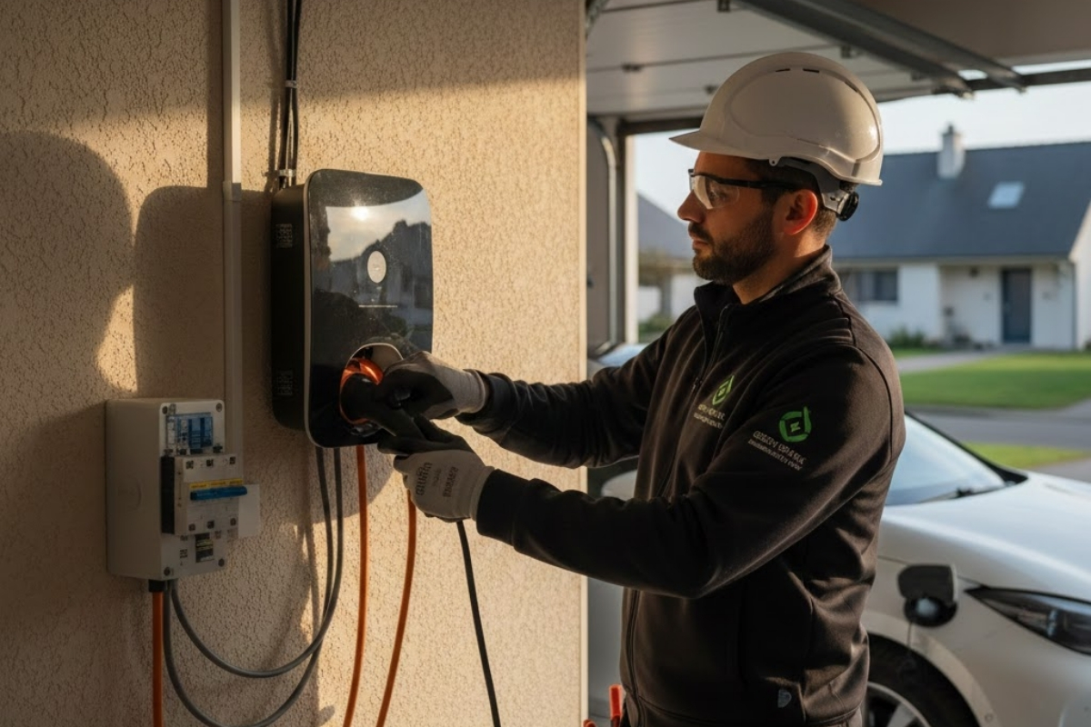 Technicien certifié IRVE installant une borne de recharge murale dans un garage privatif