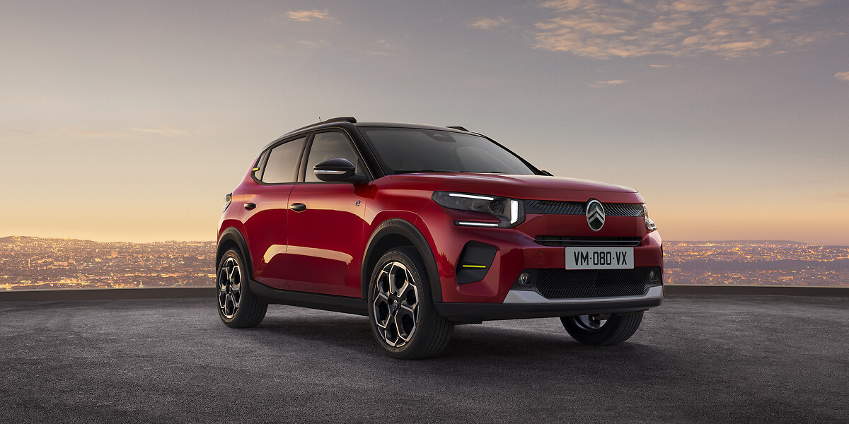 Citroën ë-C3 électrique rouge de trois-quarts avant, proposée en leasing social à 94 €/mois